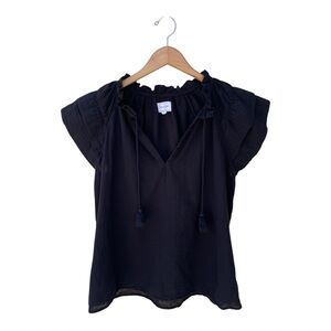 Honorine Women's Black V-Neck Ruffle Sleeve Blouse – 100% Cotton Sz M